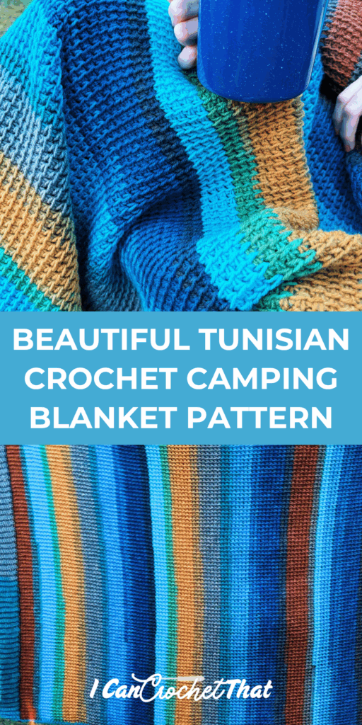 A multicolored Tunisian crochet blanket with blue, green, and yellow stripes is held by a person with a blue mug; text reads, Beautiful Tunisian Crochet Camping Blanket Pattern.