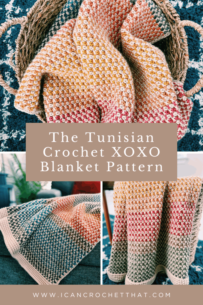 A multicolored Tunisian crochet blanket is displayed in a woven basket and draped over furniture, with text reading The Tunisian Crochet XOXO Blanket Pattern and a website URL.