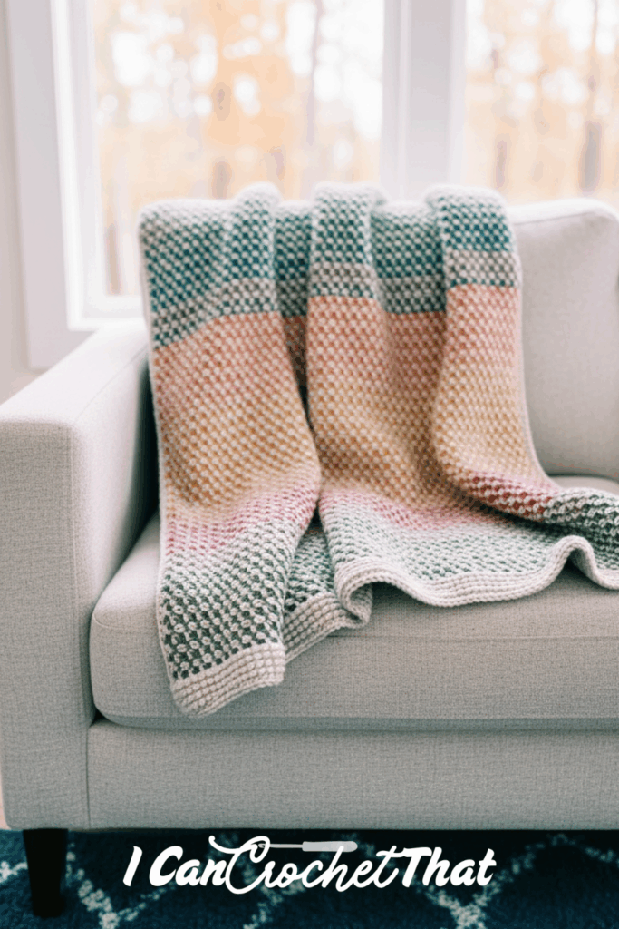 A multicolored crochet blanket is draped over a light gray armchair near a window. The text I Can Crochet That is displayed at the bottom of the image.