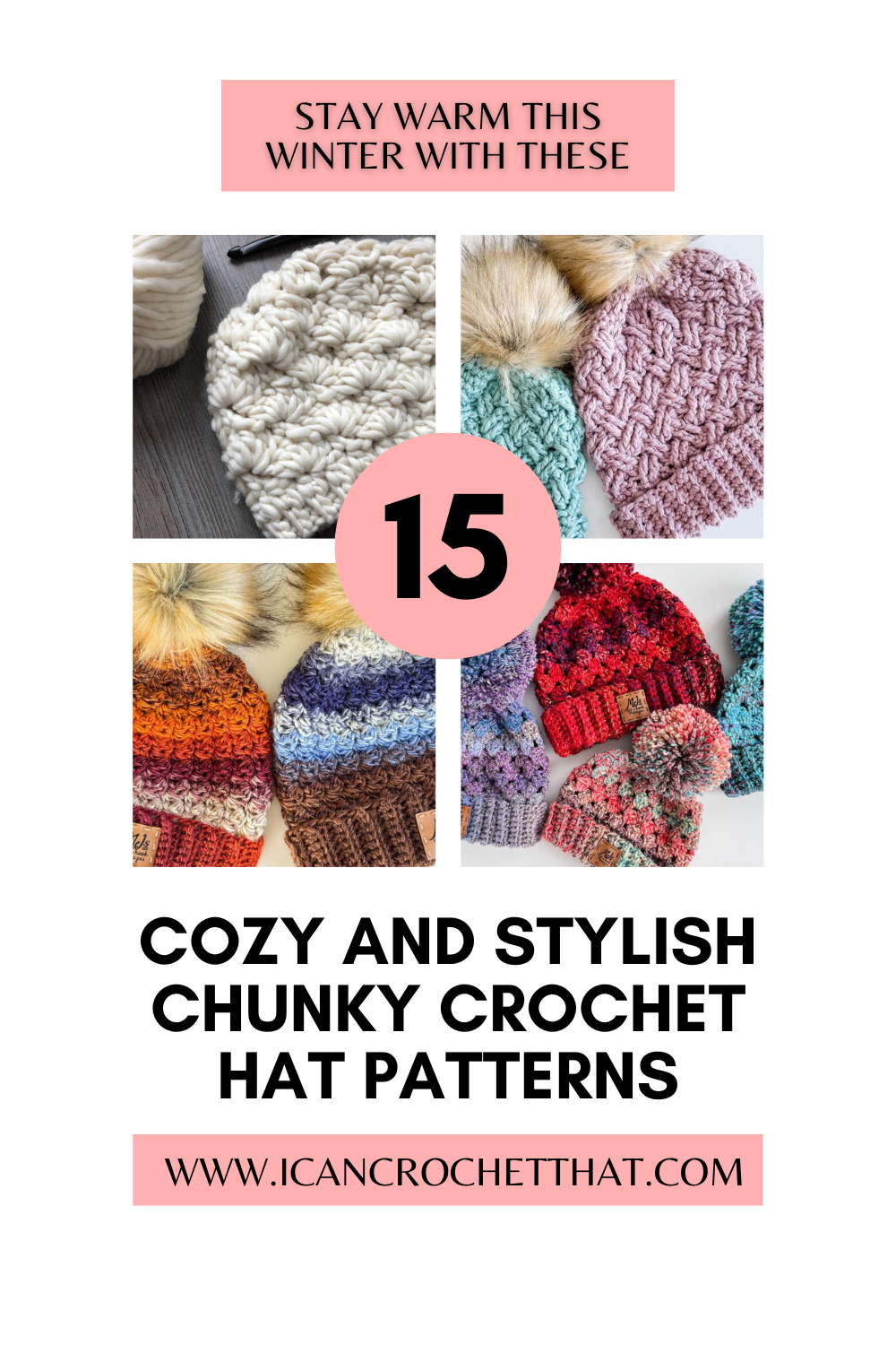A colorful collection of chunky crochet hats with pom poms, featuring cozy textures and ribbed brims, perfect for winter crafting.
