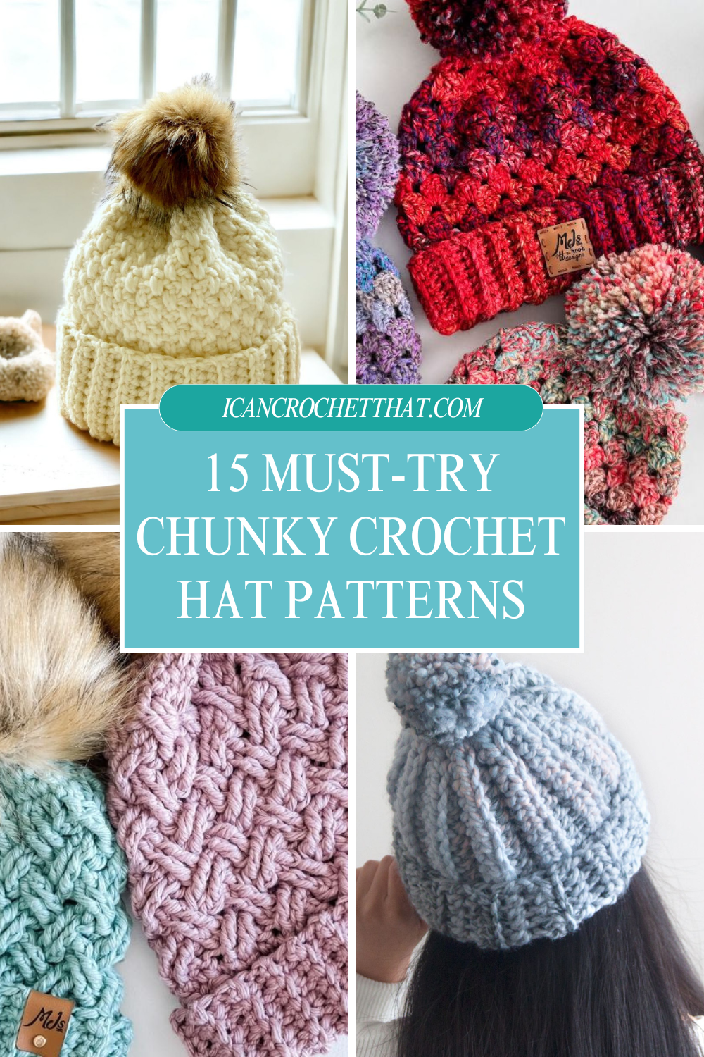 A set of handmade chunky crochet hats in bright and pastel yarns, each featuring different textures and pom poms.