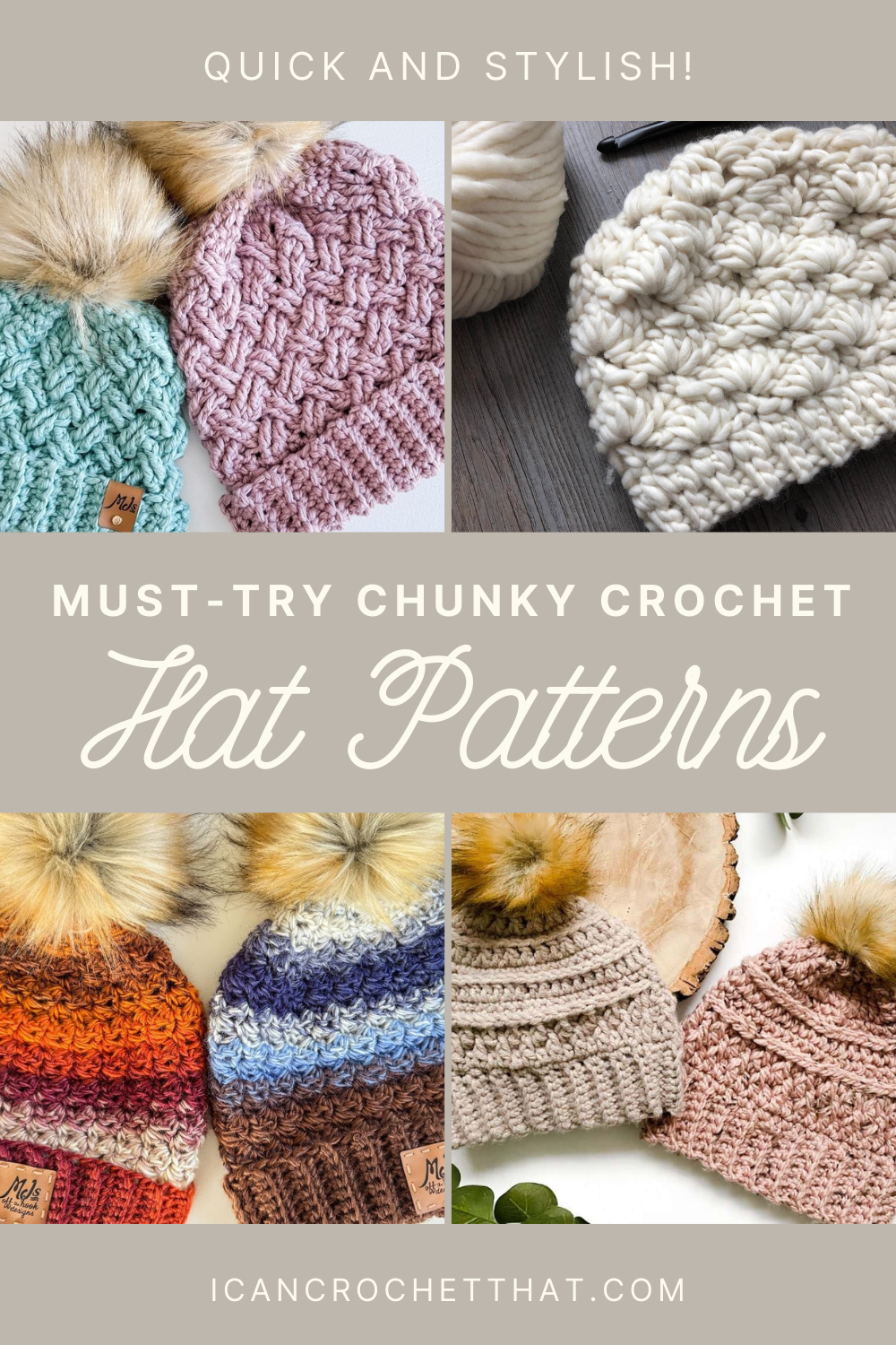 Crocheted beanies in bulky yarn with textured stitches and faux fur pom poms, perfect for winter wear.