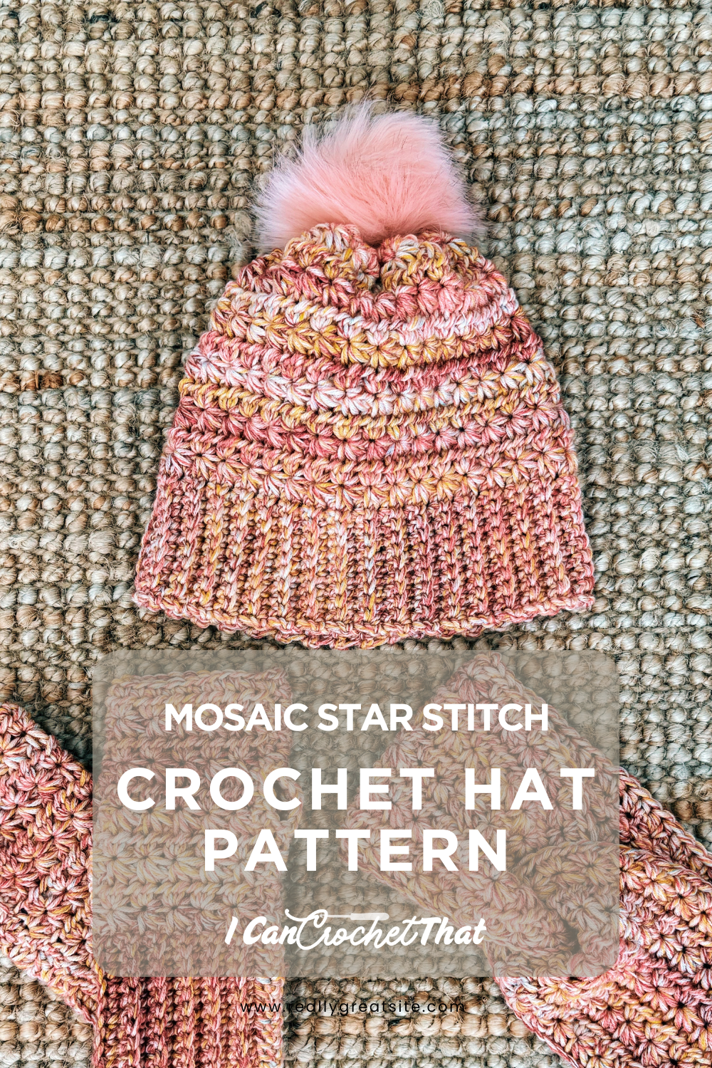 Chunky textured crochet hat in mosaic star stitch with pom