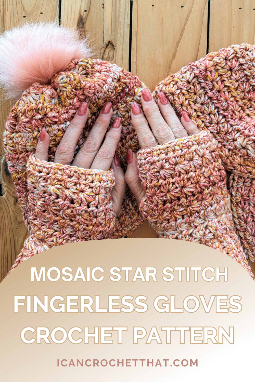 Close-up of fingerless gloves with mosaic star stitch texture in multicolored bulky yarn.