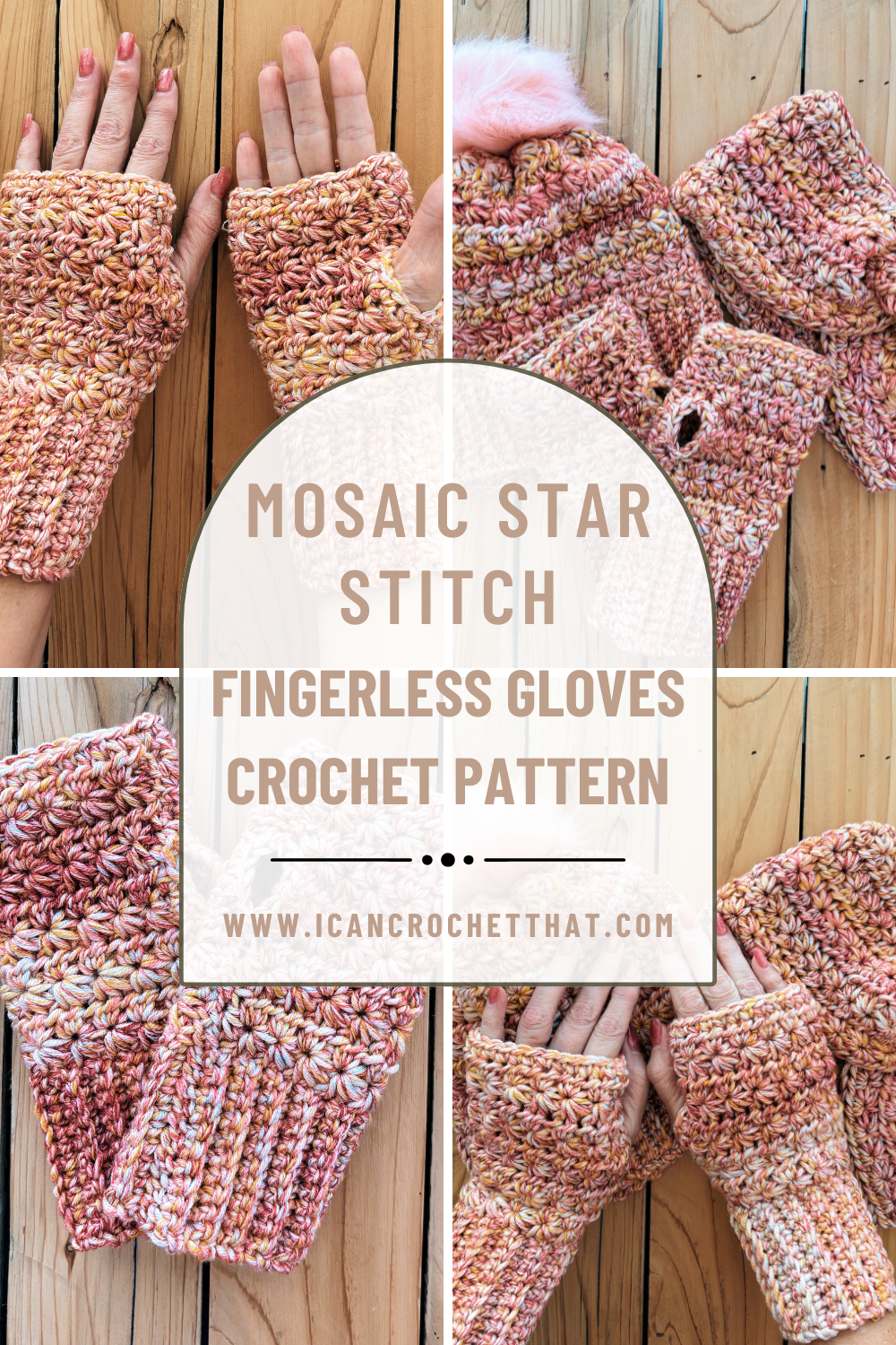 Bulky yarn crochet fingerless gloves made with star stitch texture, styled on a cozy winter background.