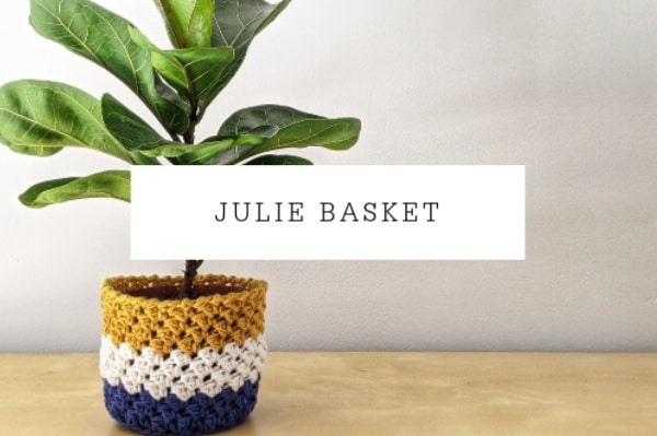 A potted plant in a crocheted basket with yellow, white, and blue stripes sits on a wooden surface. Text overlay reads JULIE BASKET.