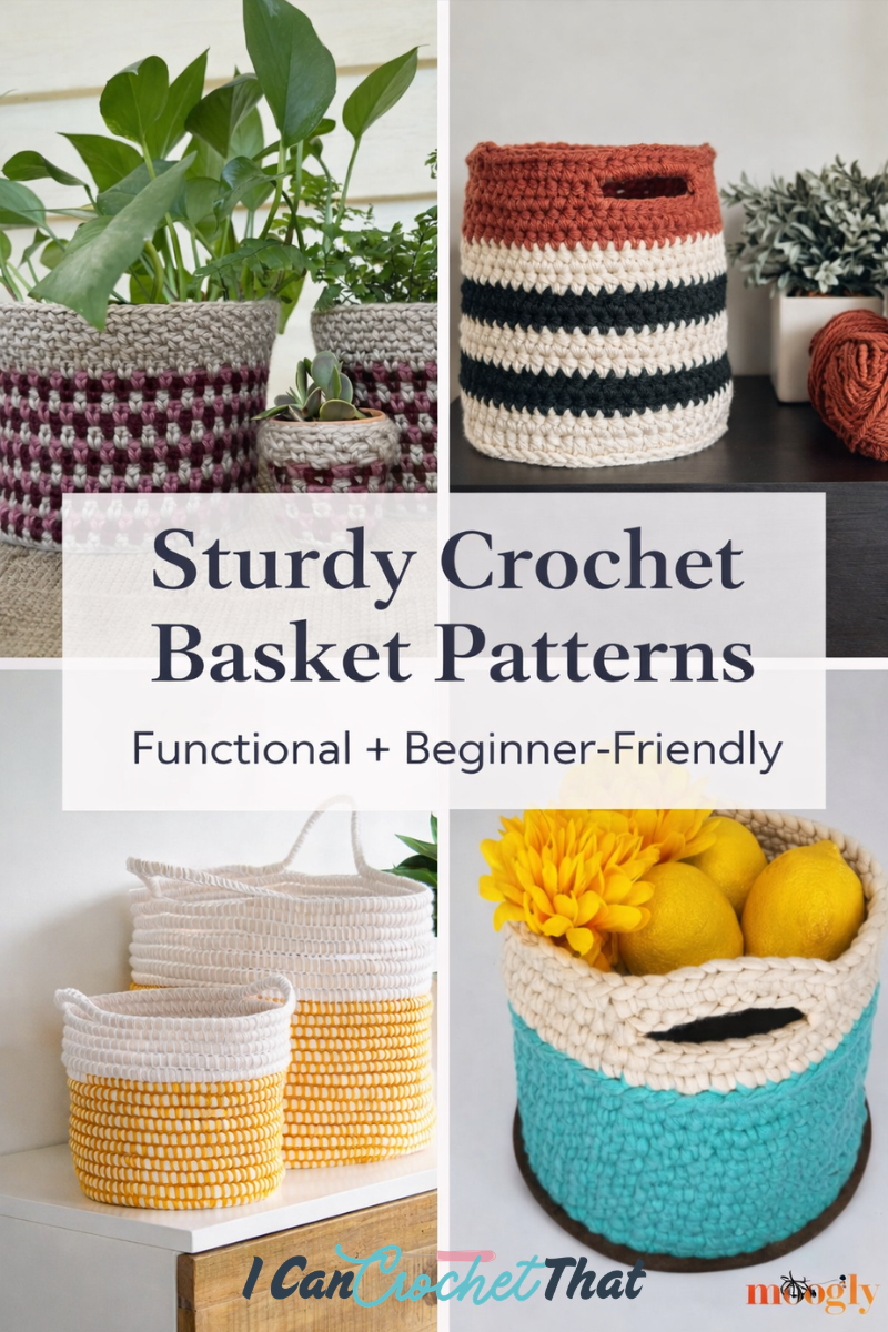 A collage of four sturdy crochet baskets in various colors and styles, with text: Sturdy Crochet Basket Patterns - Functional + Beginner-Friendly.