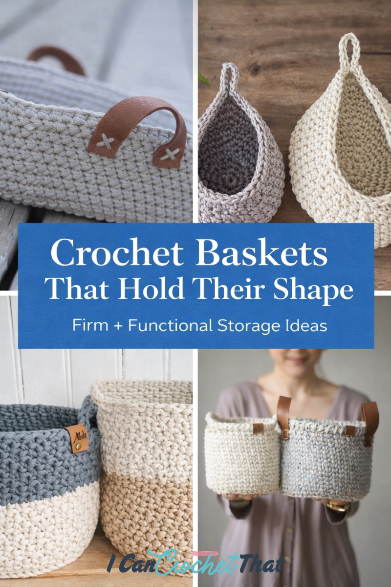 A collage of four firm crochet baskets in neutral colors, with a central text overlay reading “Crochet Baskets That Hold Their Shape—Firm + Functional Storage Ideas.”.
