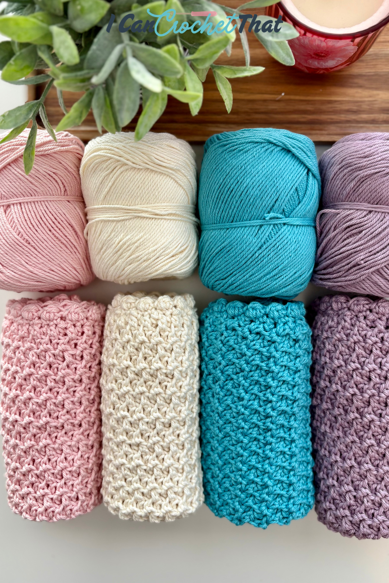 Four skeins of yarn in pink, cream, teal, and purple above four crocheted swatches in matching colors, with a plant and mug in the background.