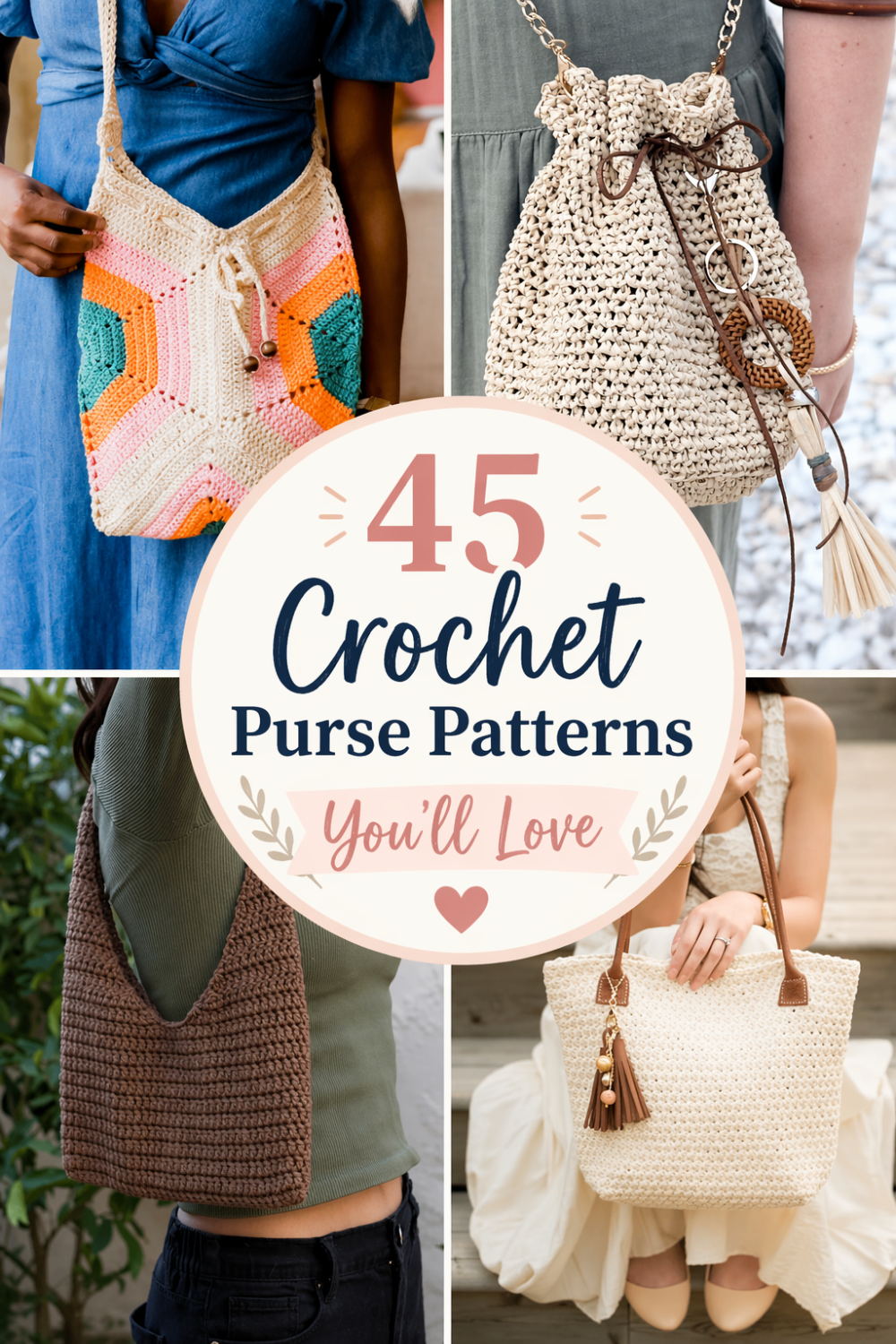 Collage showing four different crocheted purses in various styles and colors, with a central text that reads, 45 Crochet Purse Patterns Youll Love.