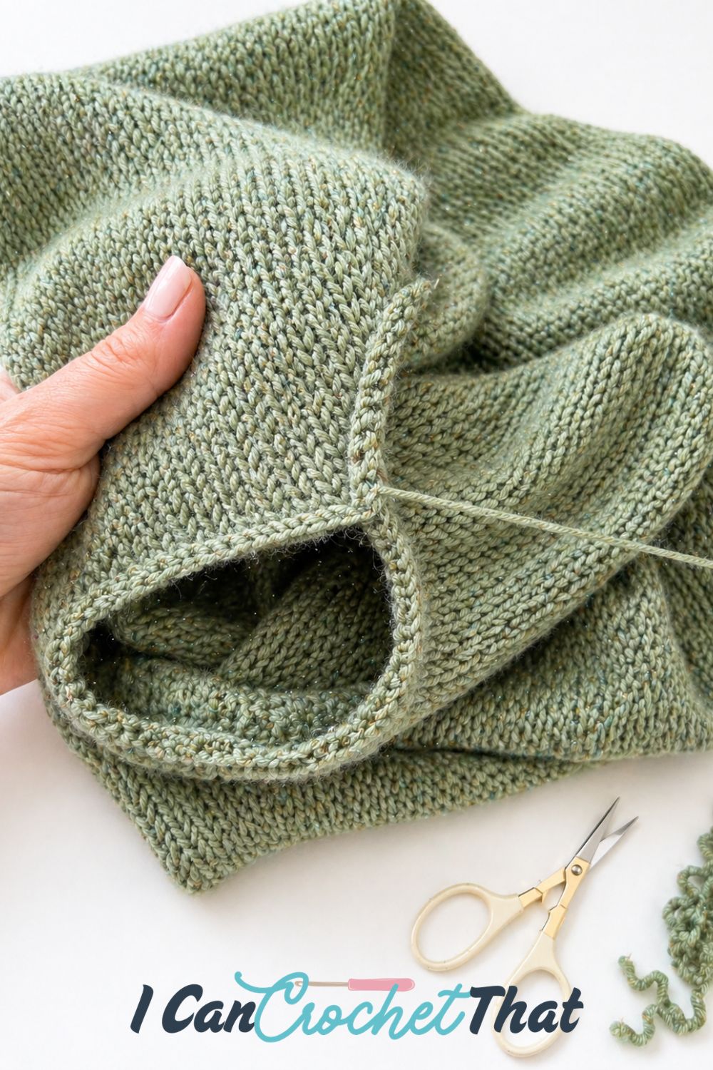 A hand holds a green crocheted garment being stitched closed, with a pair of small scissors and yarn nearby—showcasing crochet upcycling that gives old yarn a brand new life on a white surface.