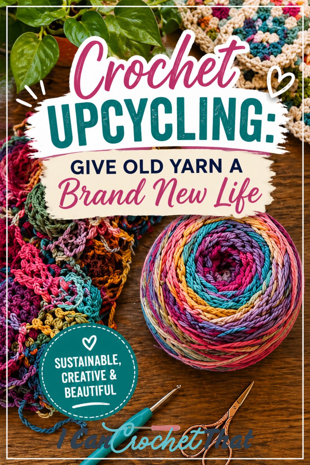Colorful yarn ball, crochet hooks, and crocheted fabric on a wooden surface with text promoting crochet upcycling—give old yarn a brand new life through sustainable crafting.