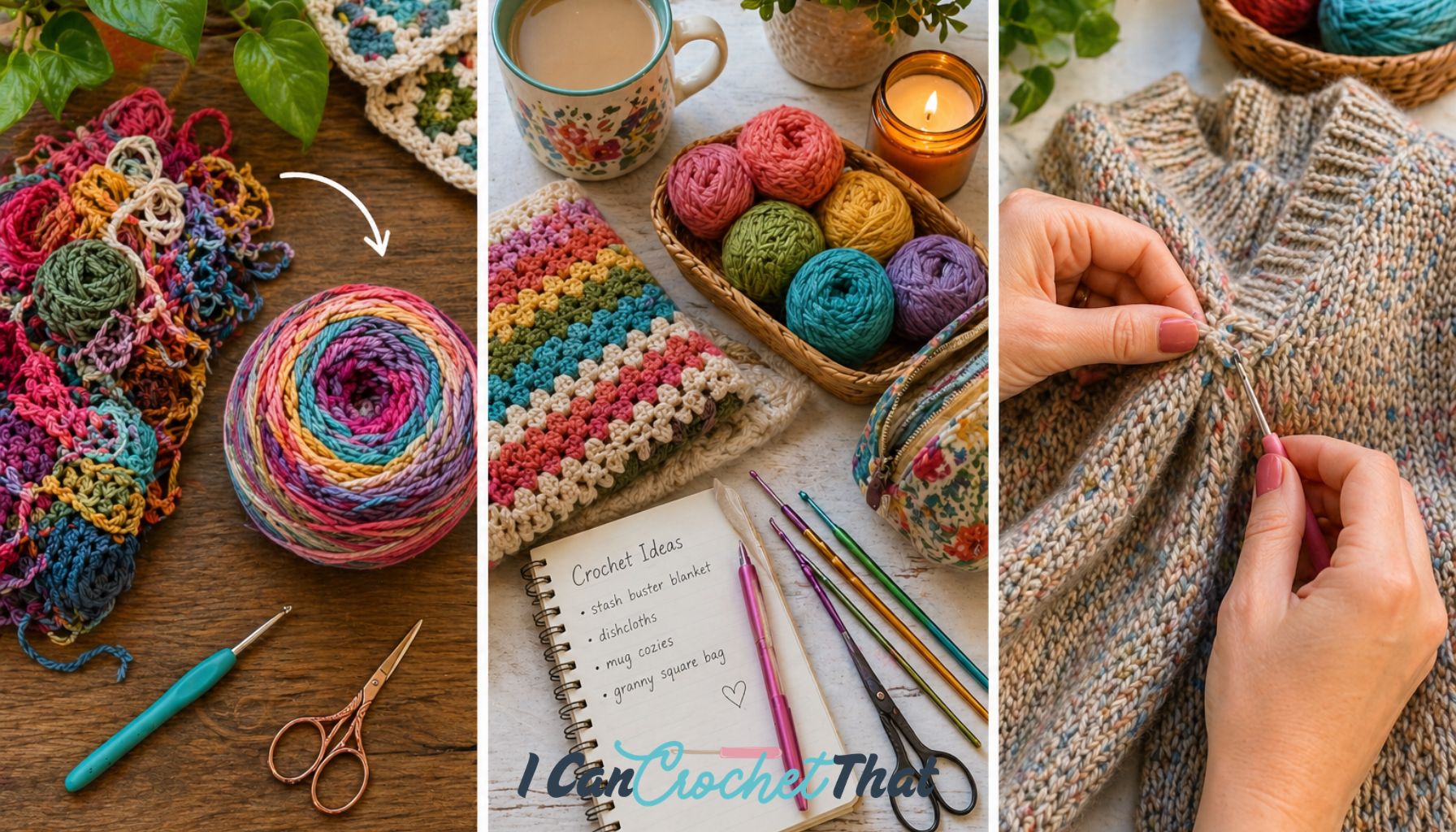Three images: old yarn and crochet tools on a table, a notebook with crochet upcycling ideas next to yarn and hooks, and hands sewing a knitted sweater into brand new life.