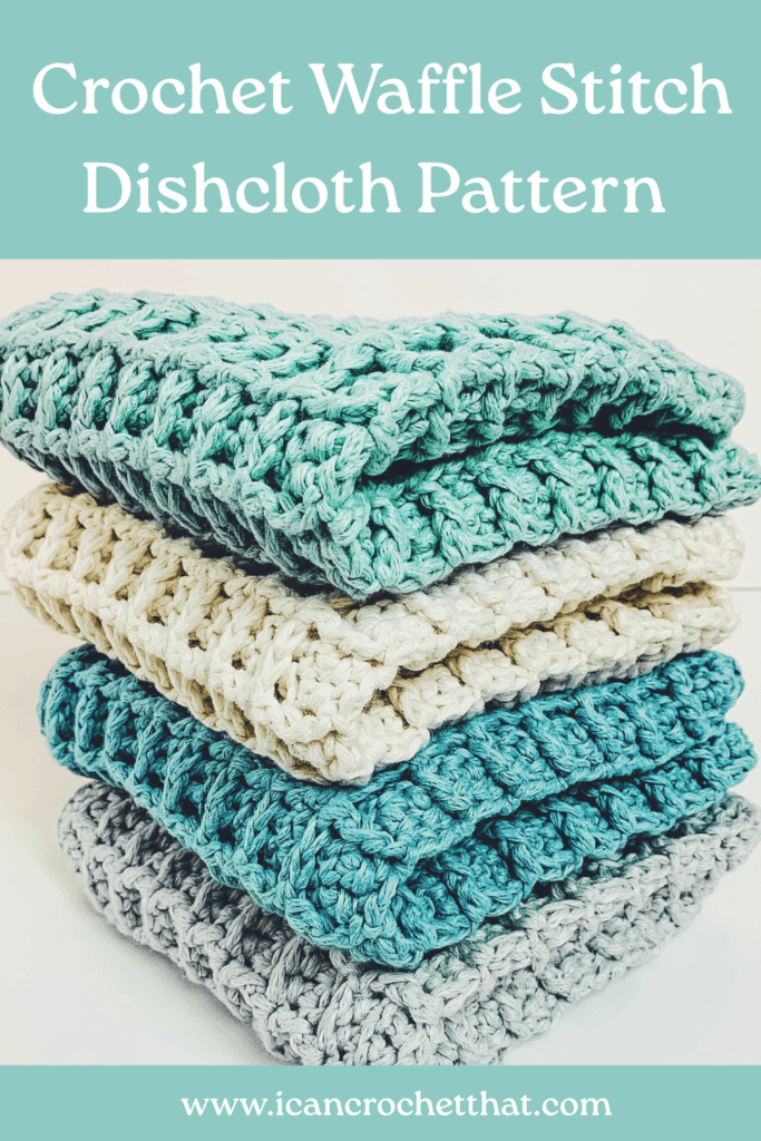 A stack of folded crocheted dishcloths in various shades of green, blue, and cream using a waffle stitch pattern.