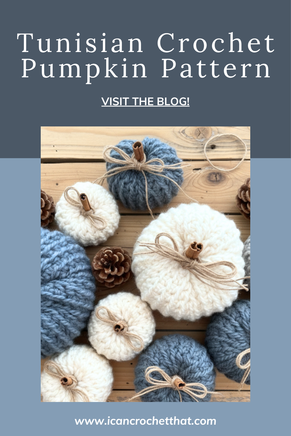 Blue and cream crocheted pumpkins with cinnamon stick stems and twine bows on a wooden table. The pin reads “Tunisian Crochet Pumpkin Pattern” and “Visit the Blog!”