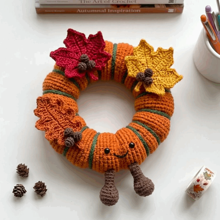 A crocheted autumn wreath with a smiling caterpillar design, decorated with two crocheted leaves and a red flower, sits on a table near pine cones and stationery.