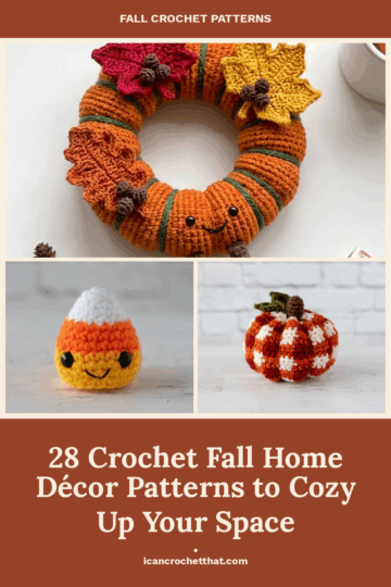 A striped crochet wreath with leaves, a smiling crochet candy corn, and a crochet pumpkin with a leaf, promoting 28 fall home décor crochet patterns.
