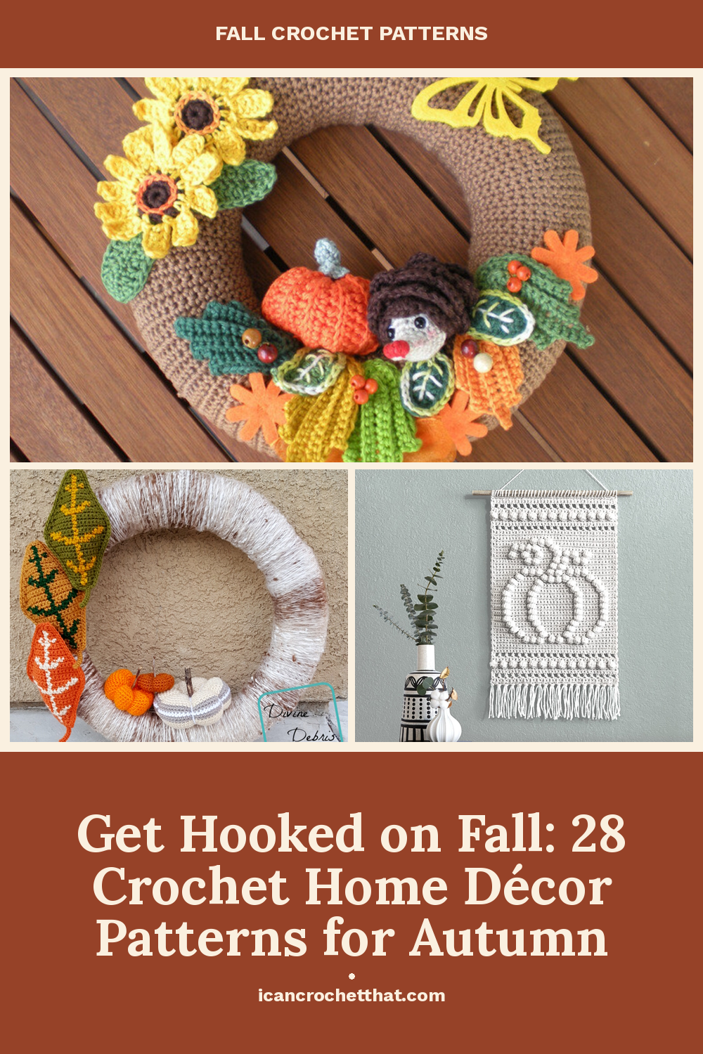 A collage of autumn-themed crochet décor, including wreaths with pumpkins and flowers, and a wall hanging with a pumpkin design, titled Get Hooked on Fall: 28 Crochet Home Décor Patterns for Autumn..